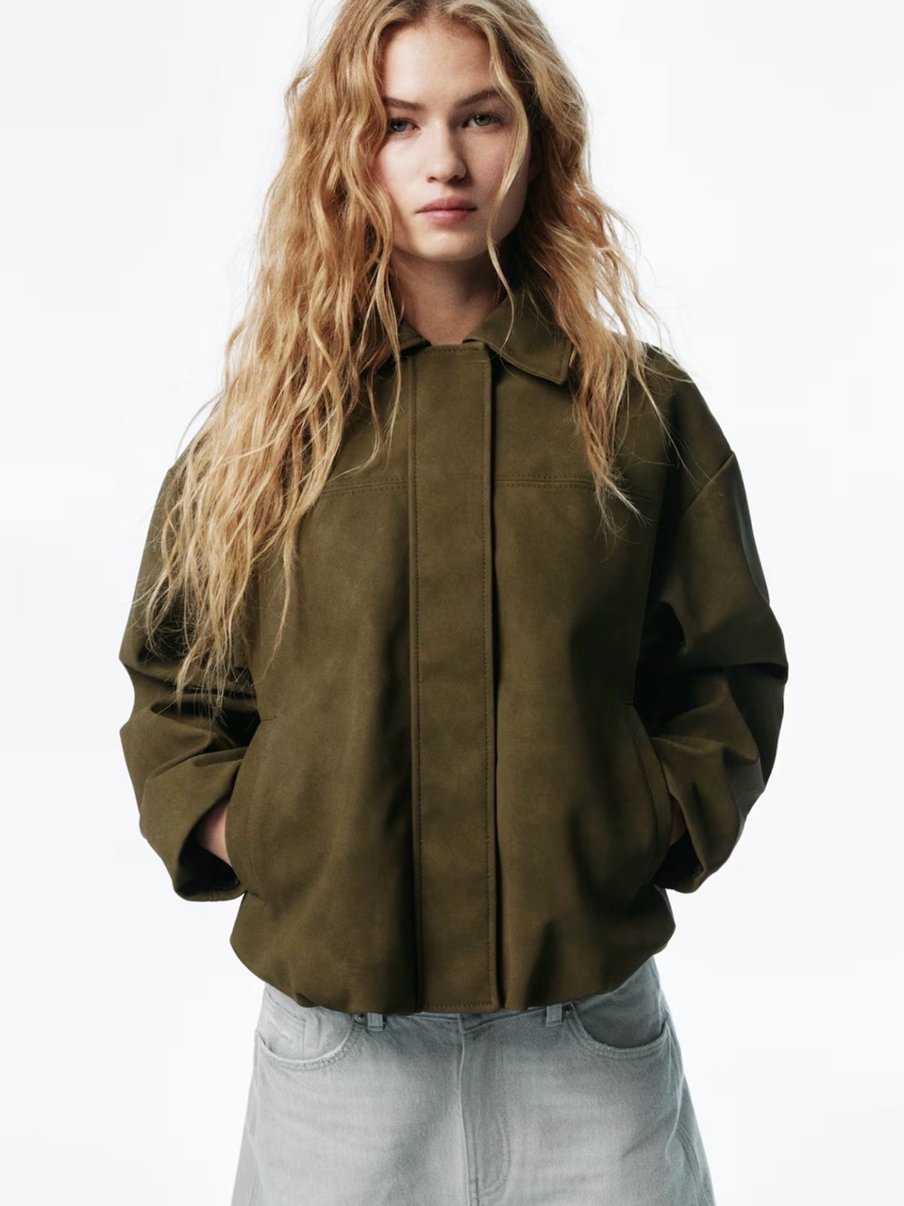 H&M Olive Suede Bomber Jacket